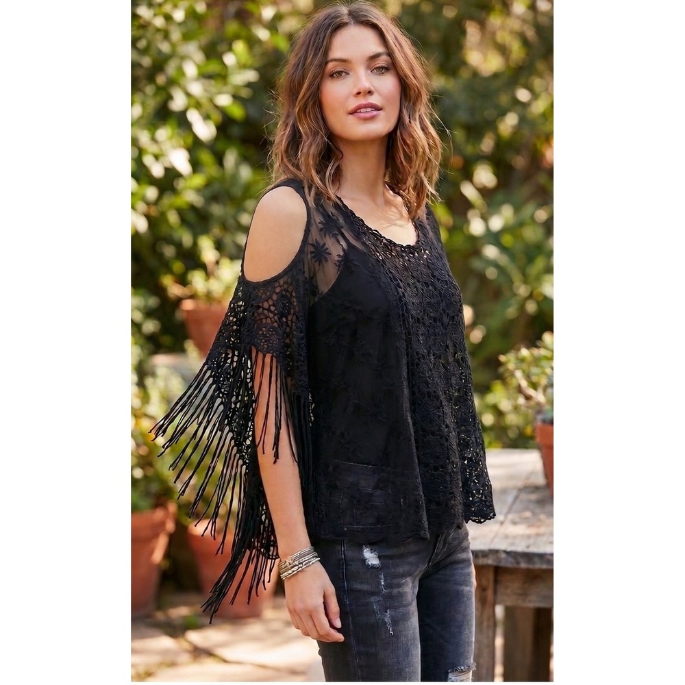 Mudd Womens Top Lace Crochet Fringe One Size Sheer Boho Whimsigoth Vamp Goth